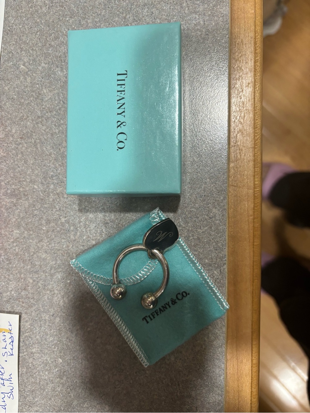 Tiffany & Co. Sterling Silver Key Ring with Blue Pouch monogrammed with letter M